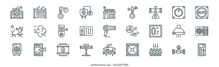 linear air condition icon pack. vector thin line water pipe, condenser, fahrenheit, power button, panel, fan, chiller, remote icons suitable for apps and websites ui designs