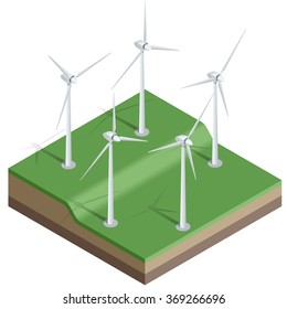 Linear air electric station. Isometric wind energy park. Wind power station. Vector illustration. 