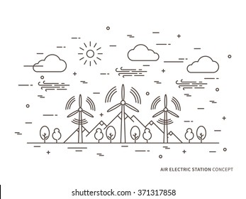 Linear Air Electric Station (wind Energy Park, Wind Power Station) Vector Illustration. Air Energy (wind-energetic) Creative Concept. Wind Turbine, Wind-driven Powerplant Graphic Design.
