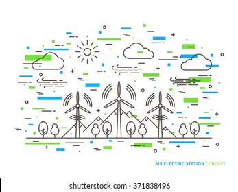 Linear air electric station (wind energy park, wind power station) vector illustration. Air energy (wind-energetic) creative concept. Air electricity (wind turbine, wind motor, graphic design.
