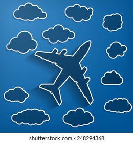 linear airplane with clouds on a blue air background