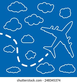 linear airplane with clouds on a blue air background. Blue sky travel background.