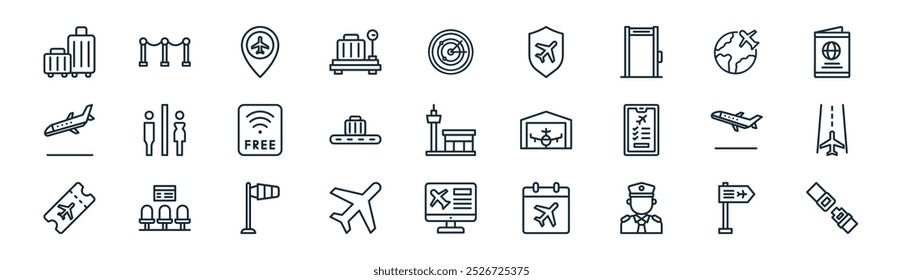 linear airport icon pack. vector thin line  , guardrail, location, airplane, conveyor belt, runway, flight information, seat belt icons suitable for apps and websites ui designs