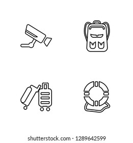 Linear Airport Security Camera, Trip Luggage, Book Bag with Pockets Vector Illustration Of 4 outline Icons. Editable Pack Of Airport Security Camera, Trip Luggage, Book Bag with Pockets