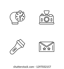 Linear Alarm clock, Flashlight, Photo camera, Email Vector Illustration Of 4 outline Icons. Editable Pack Of Alarm clock, Flashlight, Photo camera, Email