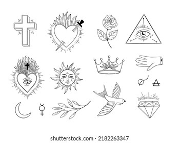 Linear alchemy design elements  Vintage hearts  all seeing eye  cross  rose  space   botanical elements  Magic   occult illustrations  Old school tattoo  Perfect for logo  cards  prints  packaging