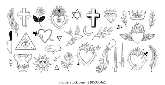 Linear alchemy design elements  Vintage hearts  all seeing eye  cross  rose  space   botanical elements  Magic   occult illustrations  Old school tattoo  Perfect for logo  cards  prints  packaging
