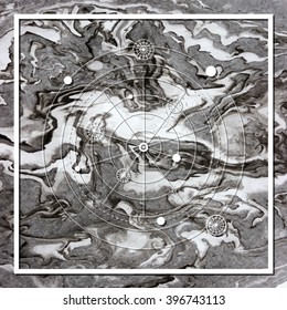 Linear alchemy, occult, philosophical sign, isolated on hand painted marble background. For music album cover, poster, flyer, logo design. Astrology, imagination, creativity, religion concept.