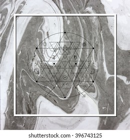 Linear alchemy, occult, philosophical sign, isolated on hand painted marble background. For music album cover, poster, flyer, logo design. Astrology, imagination, creativity, religion concept.