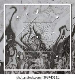 Linear alchemy, occult, philosophical sign, isolated on hand painted marble background. For music album cover, poster, flyer, logo design. Astrology, imagination, creativity, religion concept.