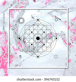 Linear alchemy, occult, philosophical sign, isolated on hand painted marble background. For music album cover, poster, flyer, logo design. Astrology, imagination, creativity, religion concept.