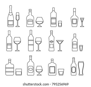 Linear alcohol bottles and glasses. Outline icons beverages isolated on white background. Vector graphics. Set black alcoholic drinks with wineglasses in flat design. Thin line illustration.