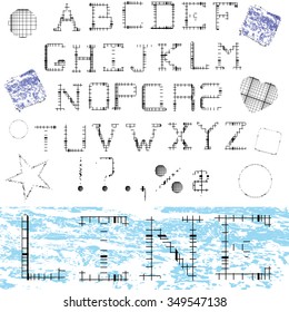 Linear alphabet. Printed font. Geometric pattern. Signs spelling. Frame, star, heart. Isolated on white background. Vector illustration.