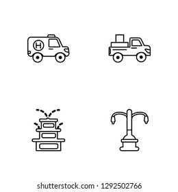 Linear Ambulance, Fountain, Truck, Street lamp Vector Illustration Of 4 outline Icons. Editable Pack Of Ambulance, Fountain, Truck, Street lamp