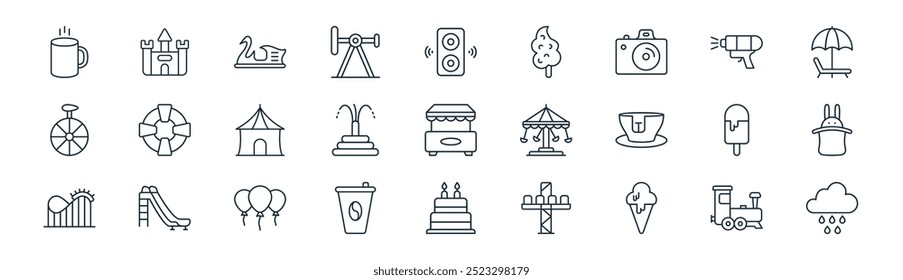 linear amusement park icon pack. vector thin line train, castle, pedal boat, water gun, fountain, magic show, cake, weather icons suitable for apps and websites ui designs