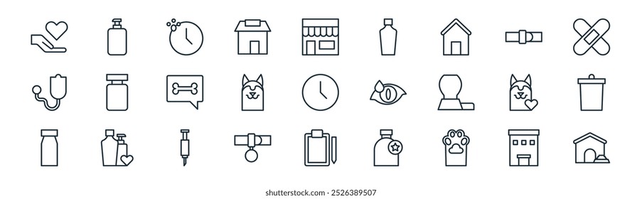 linear animal care icon pack. vector thin line animal care, pet shampoo, animal care, icons suitable for apps and websites ui designs