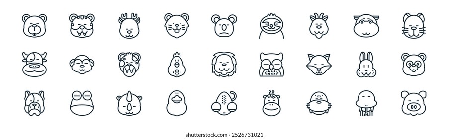 linear animal icon pack. vector thin line snake, tiger, deer, hippopotamus, chicken, panda, chameleon, pig icons suitable for apps and websites ui designs