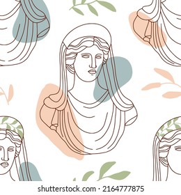 Linear antique statue seamless pattern. Trendy modern vector texture with ancient classical greece sculpture of goddess and geometric abstract shapes. Line art surface for textile, fabric, paper