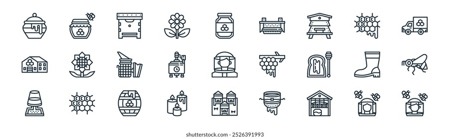 linear apiary icon pack. vector thin line apiarist, honey jar, bee box, honeycomb, storage tank, bee, apiary, apiarist icons suitable for apps and websites ui designs