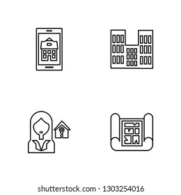Linear App, Tenant, Building, print Vector Illustration Of 4 outline Icons. Editable Pack Of App, Tenant, Building, print