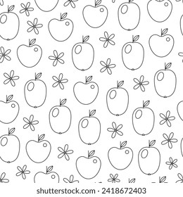 Linear apple seamless pattern. Fruit and flowers. Line art. Organic food. Background, digital paper, wrapping paper.