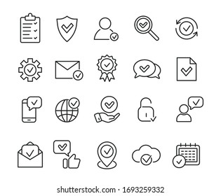 Linear approve icons. Check marks, accepted, verified, certificate. Vector illustration.