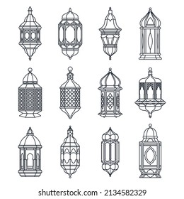 Lámpara o linterna arabia lineal, conjunto de iconos vectoriales.