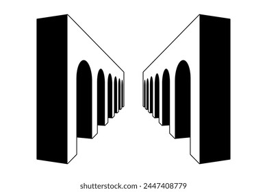 Linear arc gallery path. Black and white surreal arch gate element. Retro 3d vaulted arcade in perspective. Vintage colonnade tunnel concept for collage, poster, banner, booklet, leaflet. Vector art