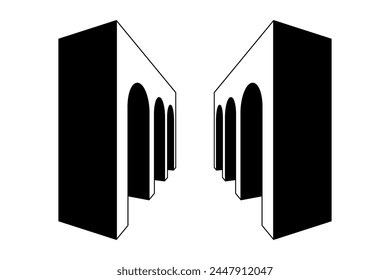 Trayectoria de Galería de arco lineal. Elemento de puerta de arco surrealista blanco y negro. Retro 3d arcade abovedado en perspectiva. Concepto de túnel de columnata de Antiguas para collage, póster, Anuncio, folleto, folleto. Arte vectorial