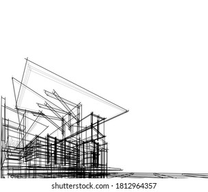 Linear architectural drawing 3d illustration