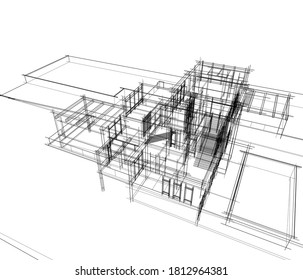 Linear architectural drawing 3d illustration