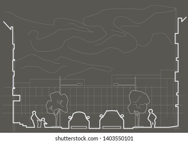 linear architectural panoramic sketch abstract road street section on gray background