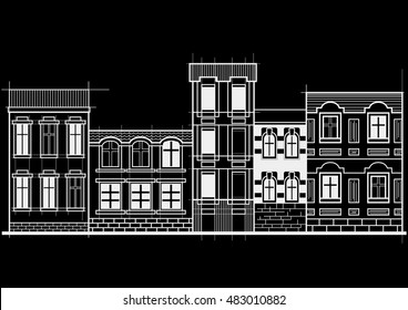 linear architectural panoramic sketch old street on black background