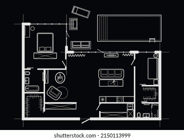 Linear architectural section plane cottage with pool on black background
