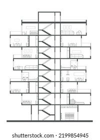 Linear architectural section plane - multistory appartment building with furniture