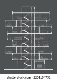 Linear architectural section plane - multistory appartment building with furniture on gray background