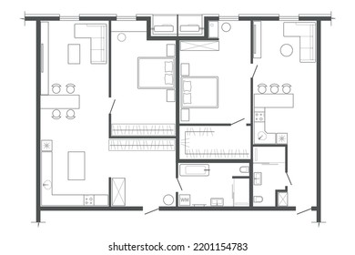 Linear architectural section plane part - two one-bedroom flats in apartment building on white background