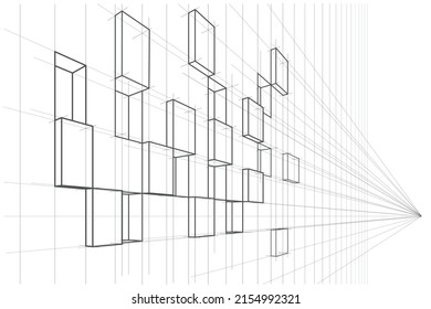 Linear architectural sketch abstract asymmetric cube facade in perspective on white background