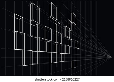 Linear architectural sketch abstract asymmetric cube facade in perspective on black background