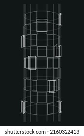 Linear architectural sketch abstract round building frame on black background