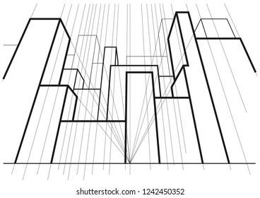 Linear architectural sketch abstract street 3point perspective