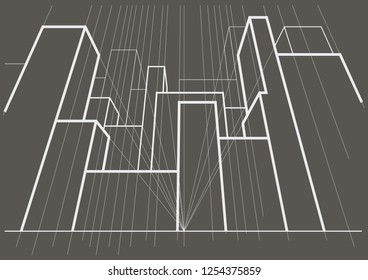 Linear architectural sketch abstract street 3point perspective on gray background