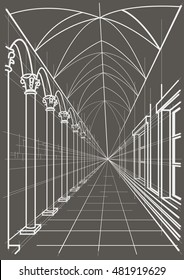 Linear architectural sketch arcade on gray background