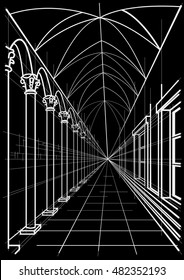Linear architectural sketch arcade on black background