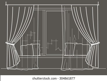 Linear architectural sketch big window with curtains and cushions on gray background