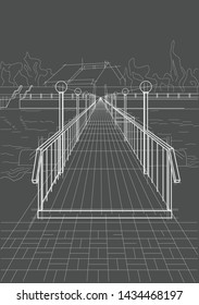 Linear architectural sketch bridge across a river on gray background