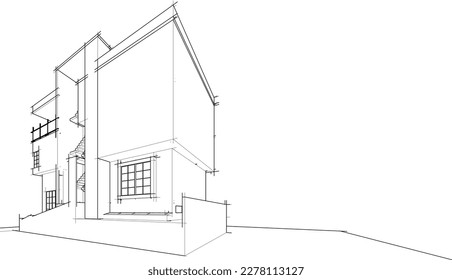 Lineare Architekturskizze eines Gebäudes auf weißem Hintergrund, Vektorgrafik 3D