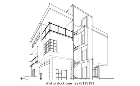 Lineare Architekturskizze eines Gebäudes auf weißem Hintergrund, Vektorgrafik 3D
