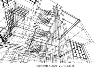 Esbozo arquitectónico lineal de un edificio sobre fondo blanco, ilustración vectorial 3d