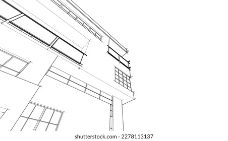 Lineare Architekturskizze eines Gebäudes auf weißem Hintergrund, Vektorgrafik 3D